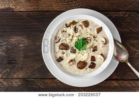 An overhead photo of a plate of a mushroom cream soup with champignons, cremini, fresh parsley,  with grated cheese, on a dark rustic background texture, with a place for text