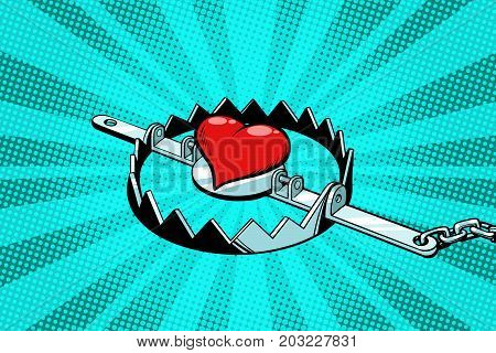Red heart in an iron trap. Love and romance. Pop art retro vector illustration