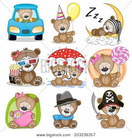 Set of Cute Cartoon Teddy Bear on a white background