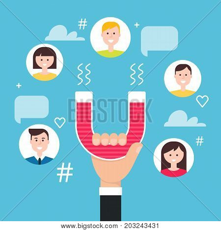 Hand with Magnet Engaging Followers. Social Media Marketing Concept. Vector Illustration.