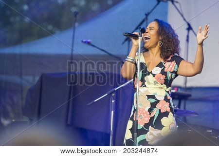 Minsk Belarus-August 12 2017: Vocalist and Singer Pat Appleton of World Renowned Jazz Ensemble De-Phazz Performing at A-Fest Music Festival on August 12 2017 in Minsk Republic of Belarus.