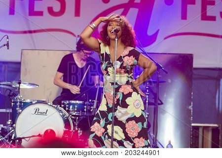 Minsk Belarus-August 12 2017: Vocalist and Singer Pat Appleton of World Renowned Jazz Ensemble De-Phazz Performing at A-Fest Music Festival on August 12 2017 in Minsk Republic of Belarus.