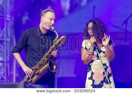 Minsk Belarus-August 12 2017: Vocalist and Singer Pat Appleton and Marcus Bartelt of World Renowned Jazz Ensemble De-Phazz Performing at A-Fest Music Festival on August 12 2017 in Minsk Republic of Belarus.