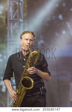 Minsk Belarus-August 12 2017: Saxofonist Marcus Bartelt of World Renowned Jazz Ensemble De-Phazz Performing at A-Fest Music Festival on August 12 2017 in Minsk Republic of Belarus.