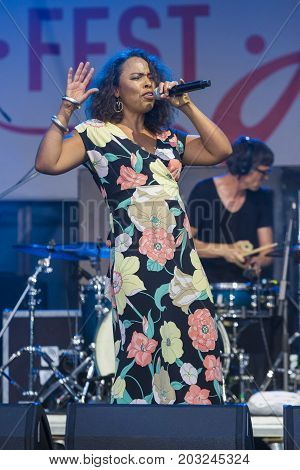 Minsk Belarus-August 12 2017: Vocalist and Singer Pat Appleton of World Renowned Jazz Ensemble De-Phazz Performing at A-Fest Music Festival on August 12 2017 in Minsk Republic of Belarus.