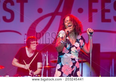 Minsk Belarus-August 12 2017: Vocalist and Singer Pat Appleton of World Renowned Jazz Ensemble De-Phazz Performing at A-Fest Music Festival on August 12 2017 in Minsk Republic of Belarus.