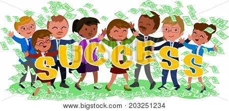 Happy successful exulting business people with lot of money cash vector illustration