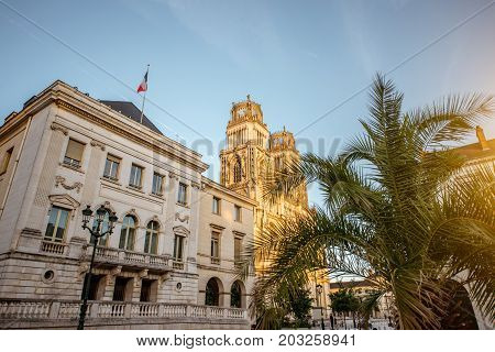 Sunset view on the old town with saint Croix cathedral in Orleans city in France
