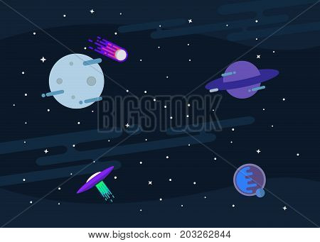 Vector flat space design background. Cute template with Planets, UFO, Comet, Moon and Stars in Outer space. Illustration.