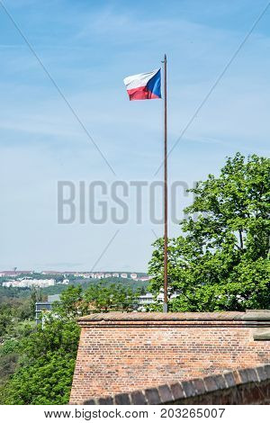 Czech flag on the Spilberk castle Brno southern Moravia Czech republic. State symbol.