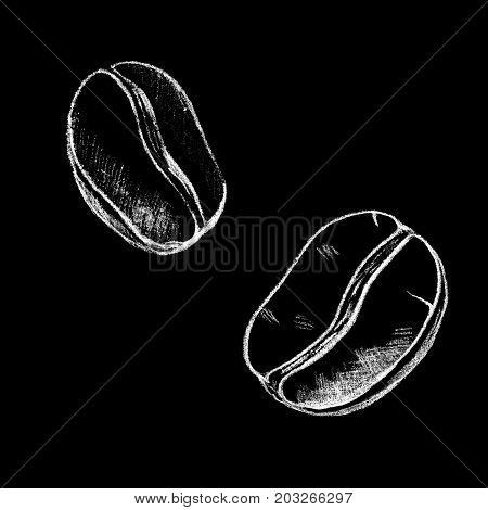 White chalk coffee bean on black board. Roasted coffee beans handdrawn illustration on blackboard. Aromatic coffee ingredient chalkboard drawing. Coffee bean icon. Hot beverage. Energy drink logo