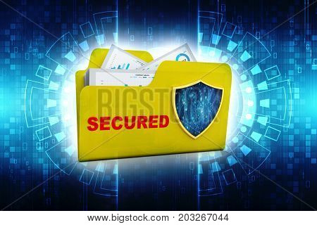 3D yellow folder and Sheild. Data security concept