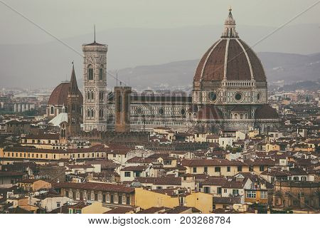 Duomo Santa Maria Del Fiore and Bargello view from Piazzale Michelangelo in Florence, Tuscany, Italy. Outdoor travel european background.