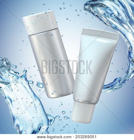 Cream bottle mock up in water splash on blue background. 3D illustration