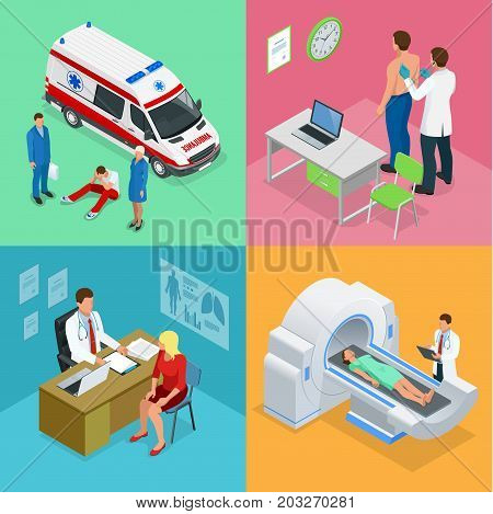 Isometric Paramedics ambulance team with ambulance car. Male doctor examining a patient with a stethoscope at the hospital. Magnetic resonance imaging MRI of the body. Medicine diagnostic concept.