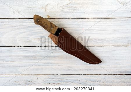 Hunting Knife In Leather Sheath. Hunter's Knife.