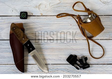 Knife, Glass, Compass And Flint To Get A Spark. Copyspace.