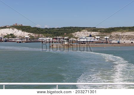View at English coast from ship leaving the harbor of Dover