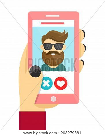 Online dating love app concept. Men and women use smarphone to develop relations and date. Vector modern flat cartoon character illustration. Isolated on white background