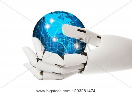 Close-up Of Robotic Hand Holding Blue Globe Over White Background