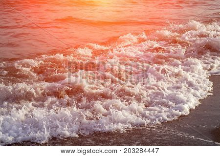 Foamy sea water in orange sun flare. Relaxing sea wave surf over seashore. Coastal sunset. Idyllic seascape for summer vacation. Exotic island seaside banner. Sunny day on beach. Seawater closeup