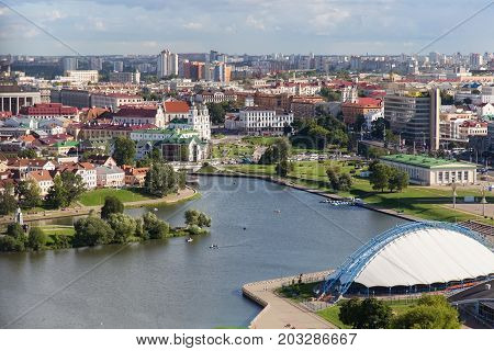 MINSK, BELARUS - AUGUST 15, 2016: Aerial view of the south part of the Minsk with Trinity Hill Liberty Square and Svislach River. Minsk is the capital and largest city of Belarus.