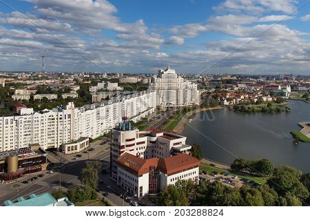MINSK, BELARUS - AUGUST 15, 2016: Aerial view of the south part of the Minsk with new skyscraper and other buildings near Svislach River. Minsk is the capital and largest city of Belarus.
