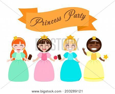 Princess Party. Cute little princesses with ice cream in hands. Vector illustration. Isolated on white background