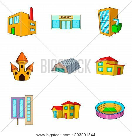City style icons set. Cartoon set of 9 city style vector icons for web isolated on white background