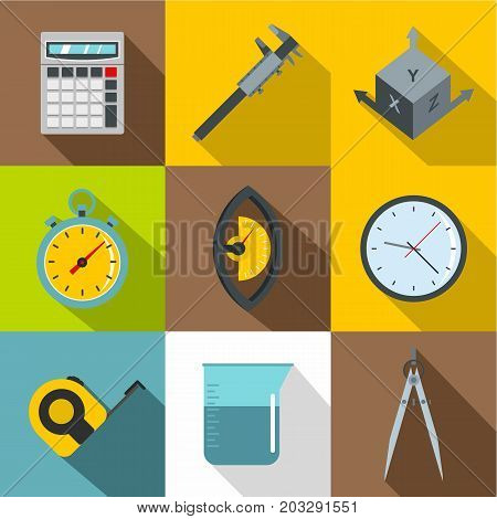 Measure tools icon set. Flat style set of 9 measure tools vector icons for web design