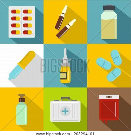 Medicinal preparations icon set. Flat style set of 9 medicinal preparations vector icons for web design