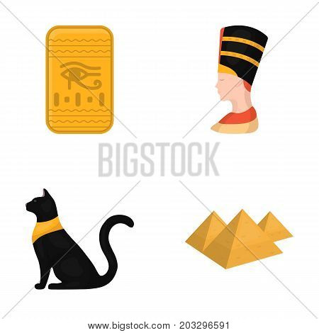 Eye of Horus, black Egyptian cat, pyramids, head of Nefertiti.Ancient Egypt set collection icons in cartoon style vector symbol stock illustration .