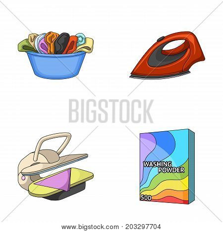 A bowl with laundry, iron, ironing press, washing powder. Dry cleaning set collection icons in cartoon style vector symbol stock illustration .