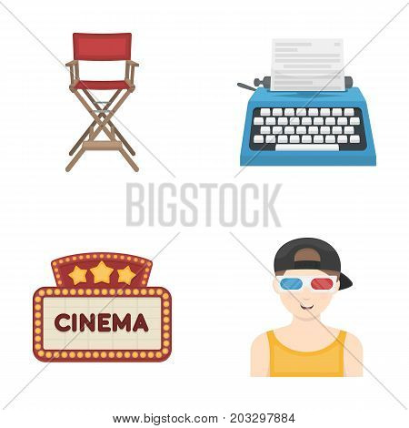Chair of the director, typewriter, cinematographic signboard, film-man. Films and cinema set collection icons in cartoon style vector symbol stock illustration .