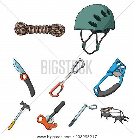 Ice ax, conquered top, mountains in the clouds and other equipment for mountaineering.Mountaineering set collection icons in cartoon style vector symbol stock illustration .