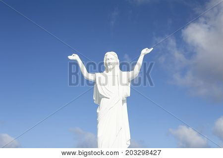 a white jusus christ statue is located in the natural landscape of kawaii island hawaii