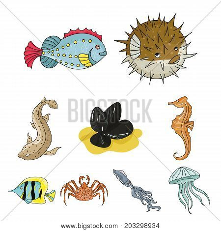 Marine and river inhabitants. Fish, whales, octopuses.Sea animals icon in set collection on cartoon style vector symbol stock web illustration.