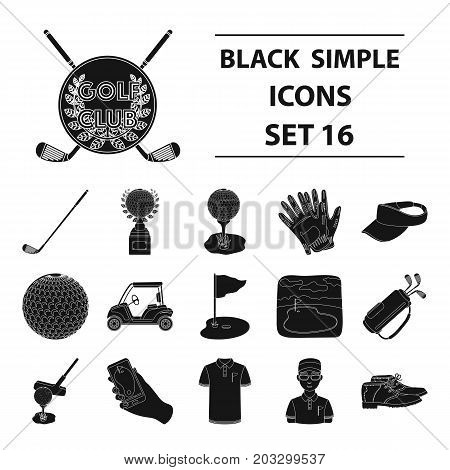 A golfer, a ball, a club and other golf attributes.Golf club set collection icons in black style vector symbol stock illustration .