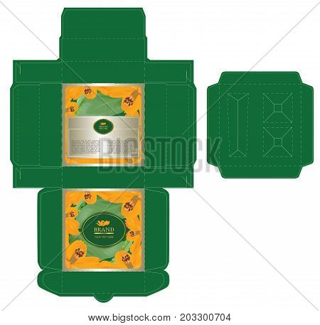 orange flower on green background, luxury box design for a set of skin care products with die cut tray template. Illustration vector