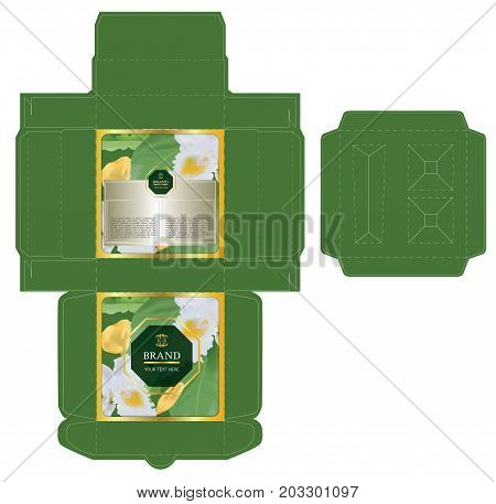 Tropical concept, box design for a set of skin care products with die cut tray template for cosmetic containers. Illustration vector