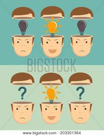 Leadership and teamwork concept with question marks and Shining Light Bulb in the open heads on background. Stock flat vector illustration.