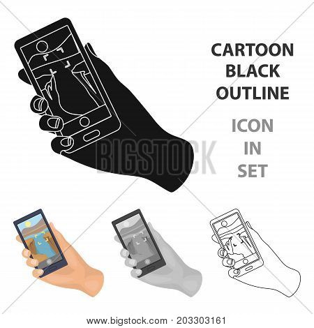 Taking photo on smart phone icon in cartoon design isolated on white background. Hipster style symbol stock vector illustration.