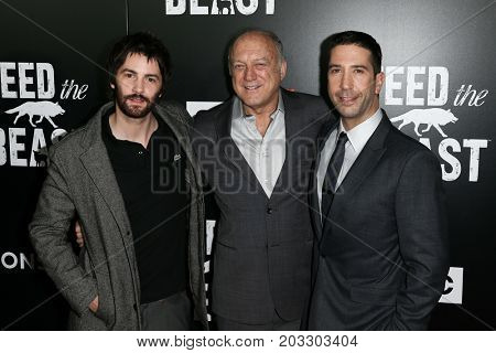 NEW YORK - MAY 23: (L-R) Jim Sturgess, John Doman and David Schwimmer attend the AMC's 'Feed The Beast' premiere on May 23, 2016 in New York City. 