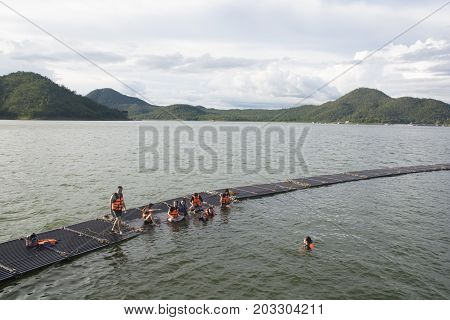 September 04, 2017 : Tourists Floating On The River By Wooden Raft In Srinakarin Dam, Kanchanaburi,