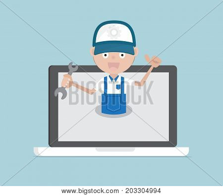 man holding wrench on laptop system maintenance services and technical support concept cartoon vector illustration