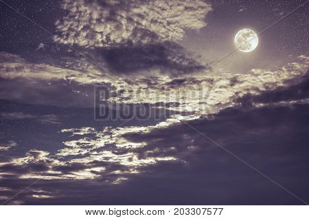 Night Sky With Bright Full Moon And Dark Cloud, Serenity Nature Background.