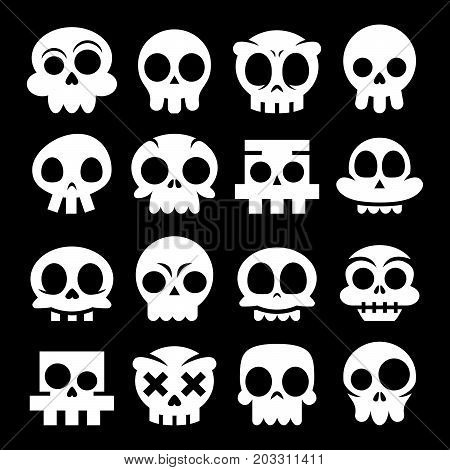Halloween vector cartoon skull icons, Mexican white cute sugar skulls design set, Dia de los Muertos on black background