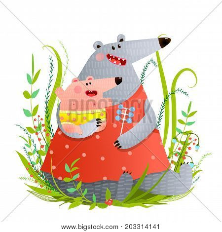 Happy animal baby sitter or mom playing with baby. Vector illustration.