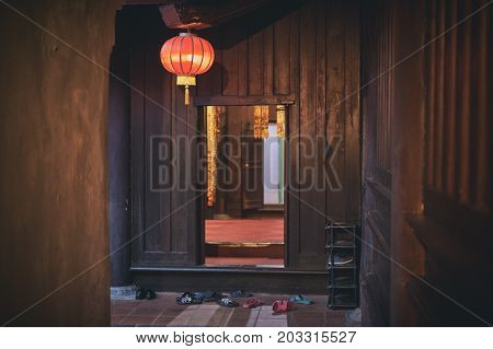 Vietnamese buddhist temple. Red lanterns and pagoda
