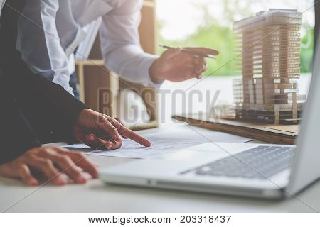 Hands Of Engineer Working On Blueprint. Construction Concept. Engineering Tools.vintage Tone Retro F